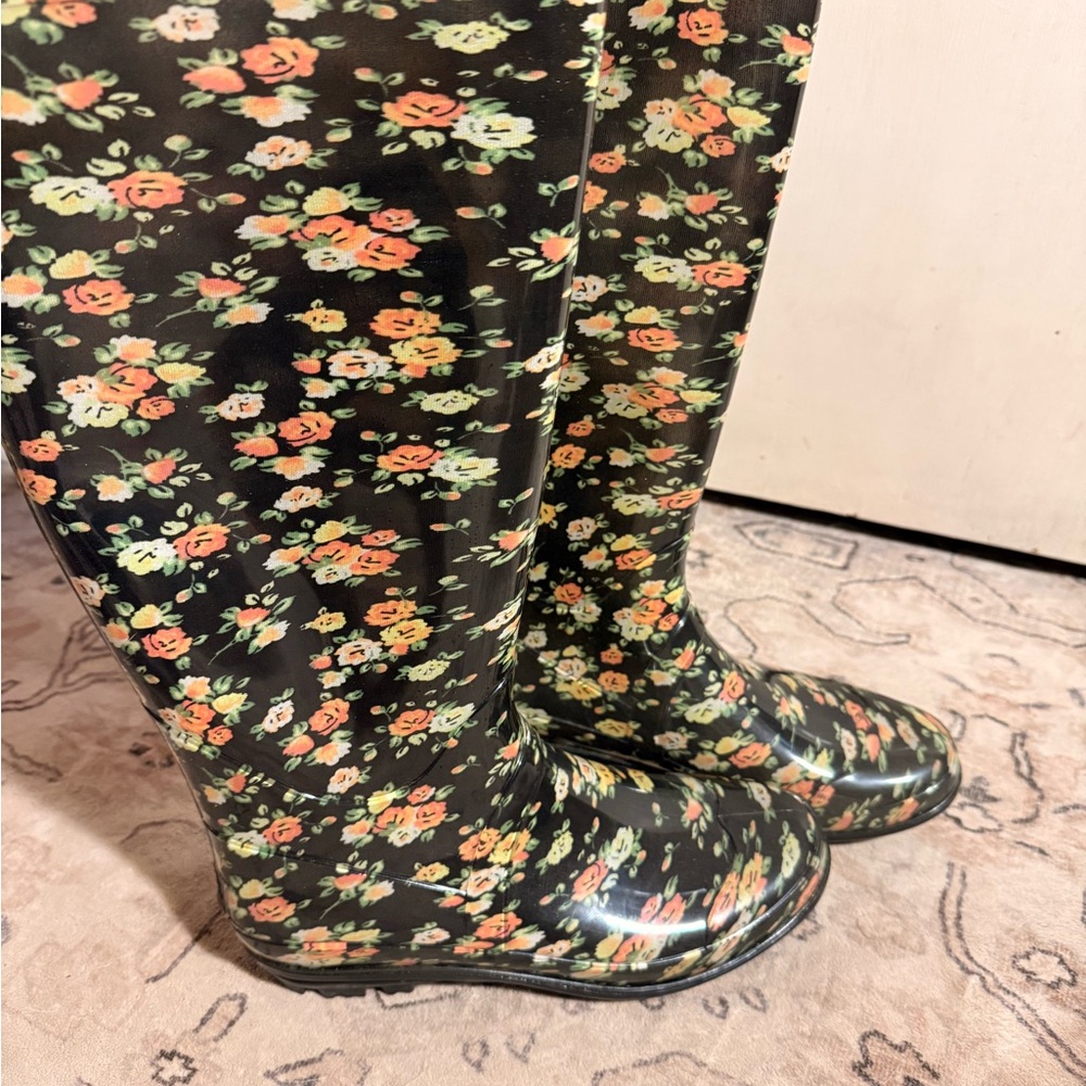 143 Girl Floral Black Rain Boots with Orange and Cream Flowers